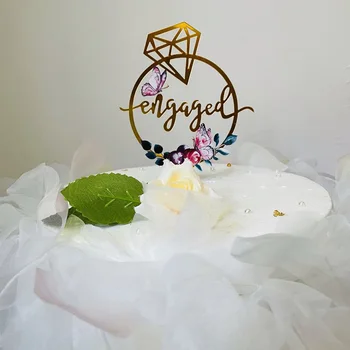 Nový Butterfly Farebná Tlač Svadobné Akryl Tortu Vňaťou Zlatý Prsteň Piecť Tortu Vňate na Spoveď Zapojenie Cake Dekorácie