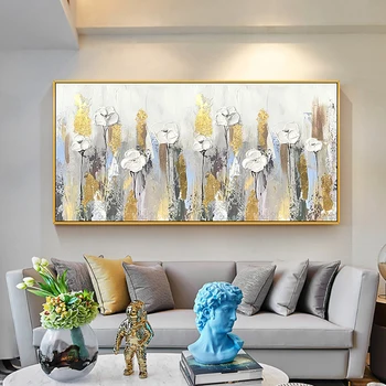 Zlato Biely Kvet, Ručné Abstraktné Hrubé Olejomaľba Veľké Abstraktné Wall Art Olej, Plátno Ručne Maľované Moderné Obrazy Bez Rámu
